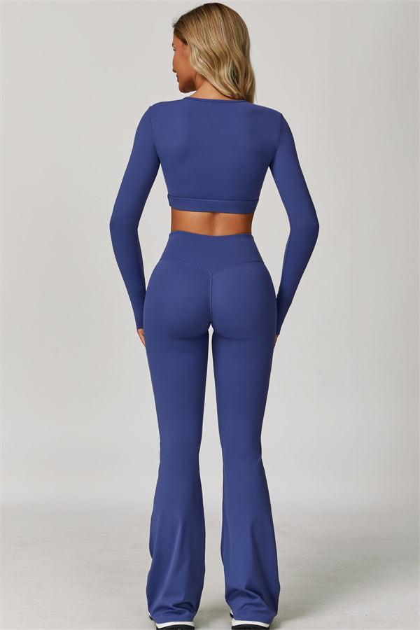 The Lavish Long Sleeve Cut-out Crop Top Flared Leggings 2-Piece Set
